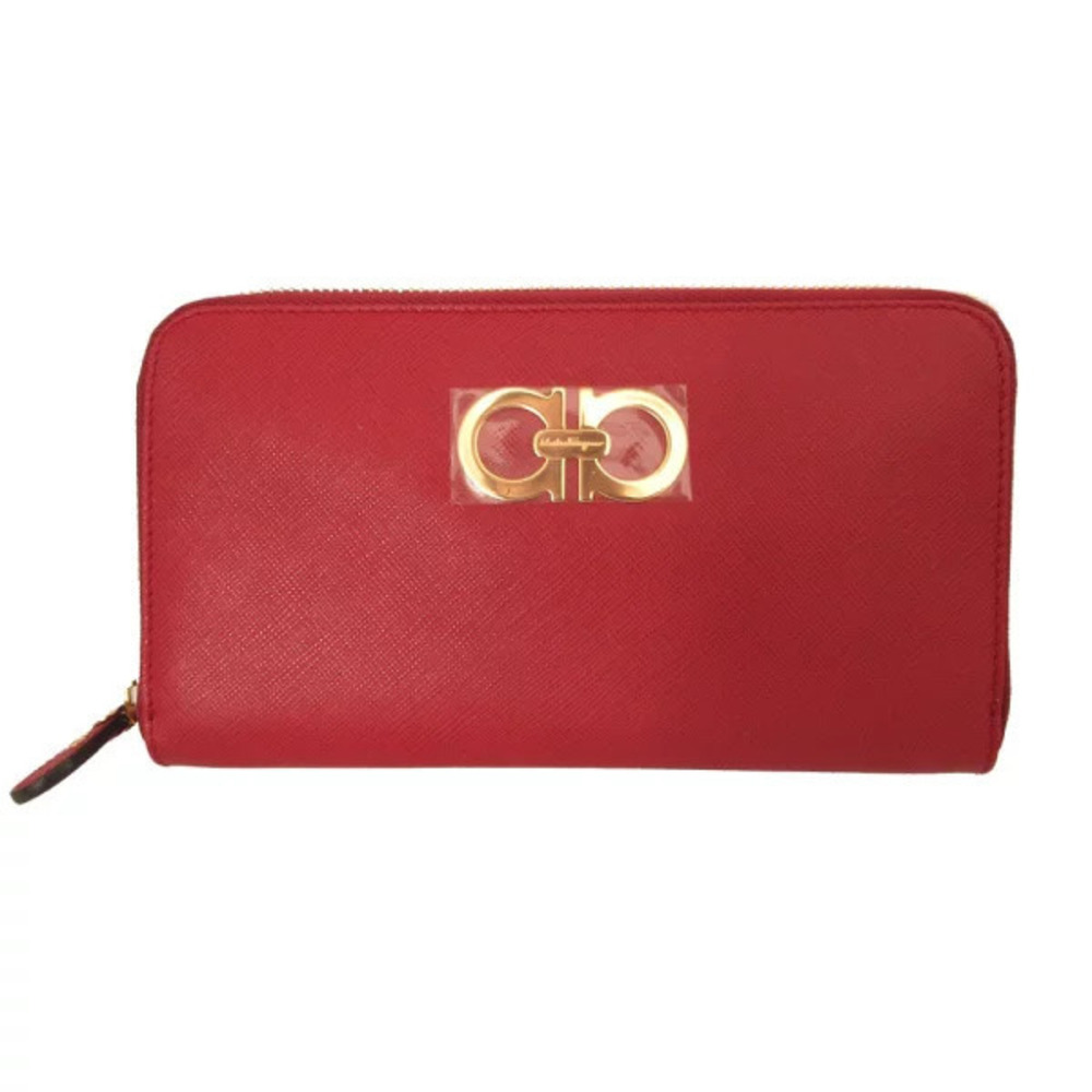 Salvatore Ferragamo Gancini Leather Red Round Zip Long Wallet